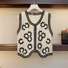 Women's Knitted Embroidered Sleeveless Hollow-Out Top Vest