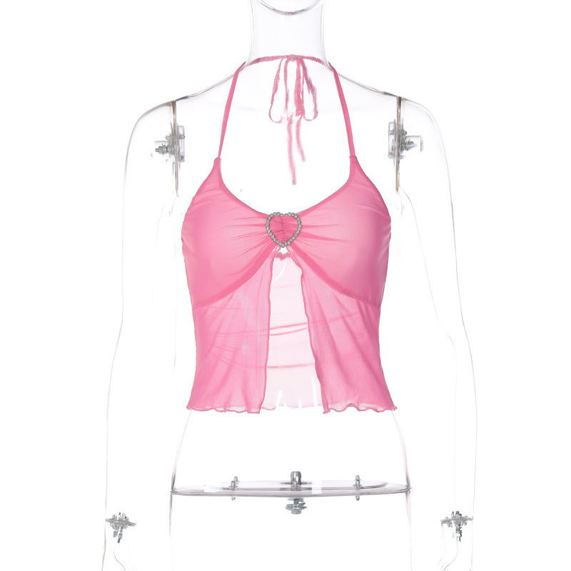 Hot Girl's Pink Mesh Stitching Chest-wrapped Halter Vest
