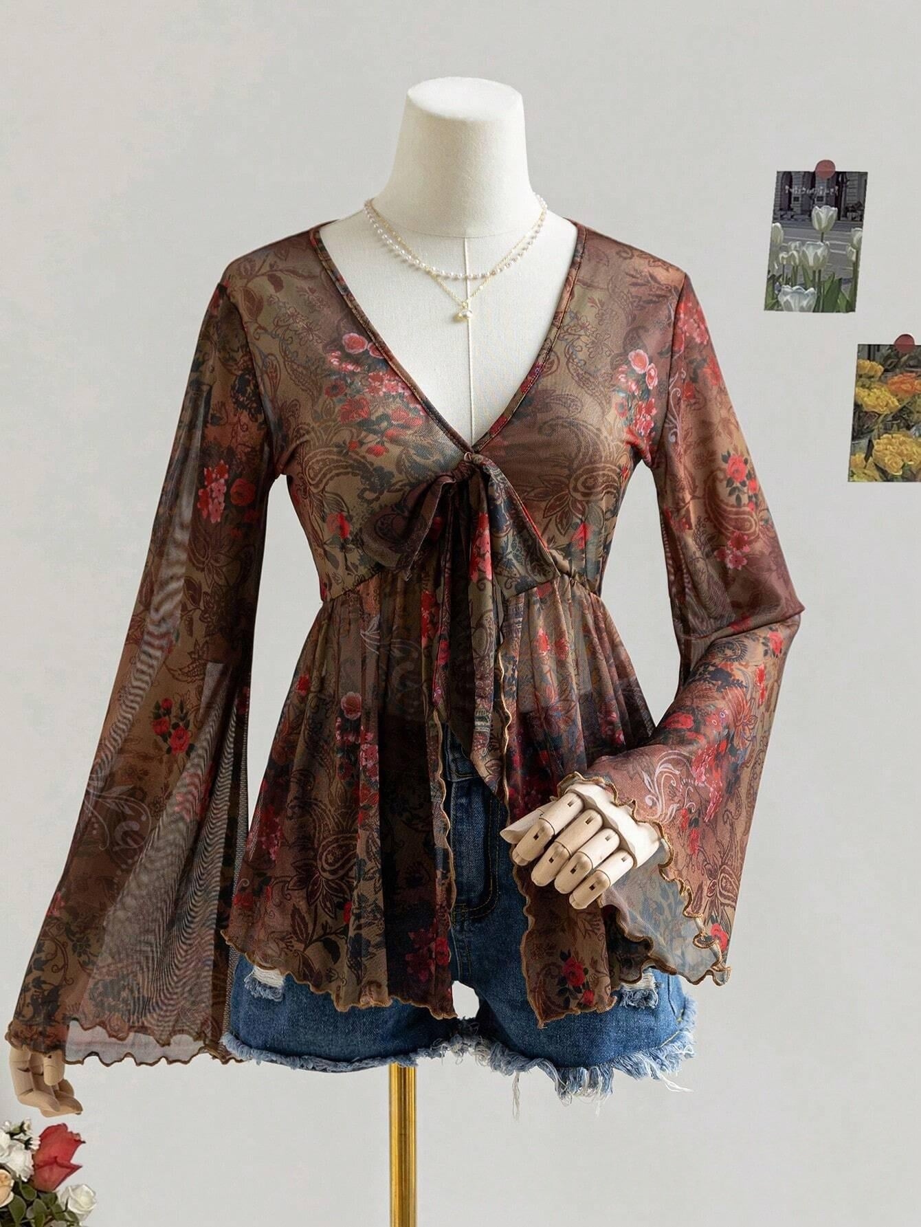 Women's Ruffled Vintage Print Long-sleeve Top