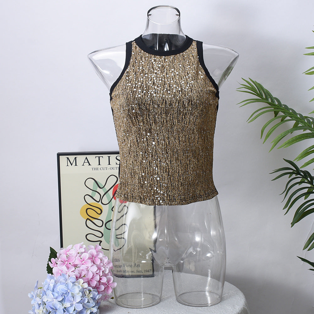 Cropped Sleeveless Sequin Leopard Print Vest