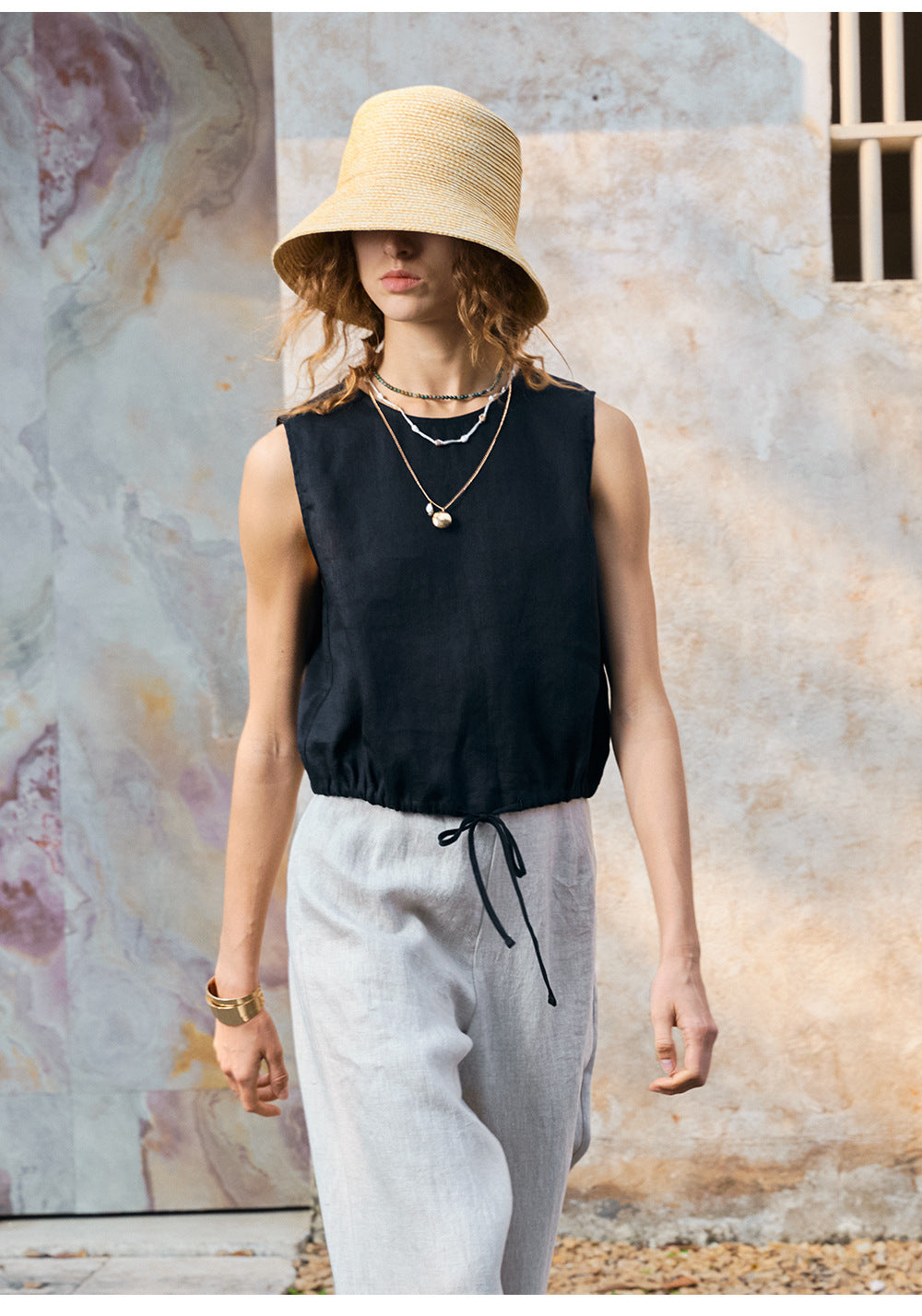 Short Sleeveless Casual Drawstring Womens Top