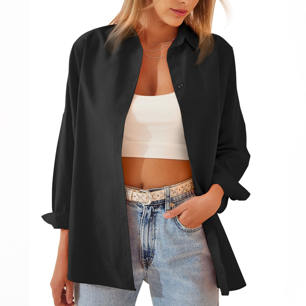 Women's Shirt Jacket Long Sleeve Blouse Button Down Tops Candy Color Shirt