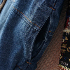 Retro Color-blocked Sleeve Printed Hooded Denim Cotton Coat