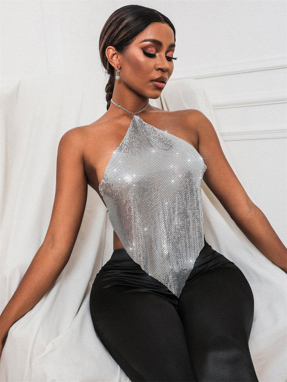 New Solid Color Metal Hot Girl Halter Sequin Sling Top For Women