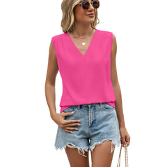 Solid-color Chiffon Blouse Loose-fit V-neck Ruffled Sleeveless Topvest