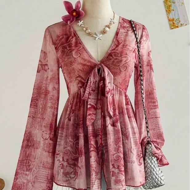 Women's Ruffled Vintage Print Long-sleeve Top