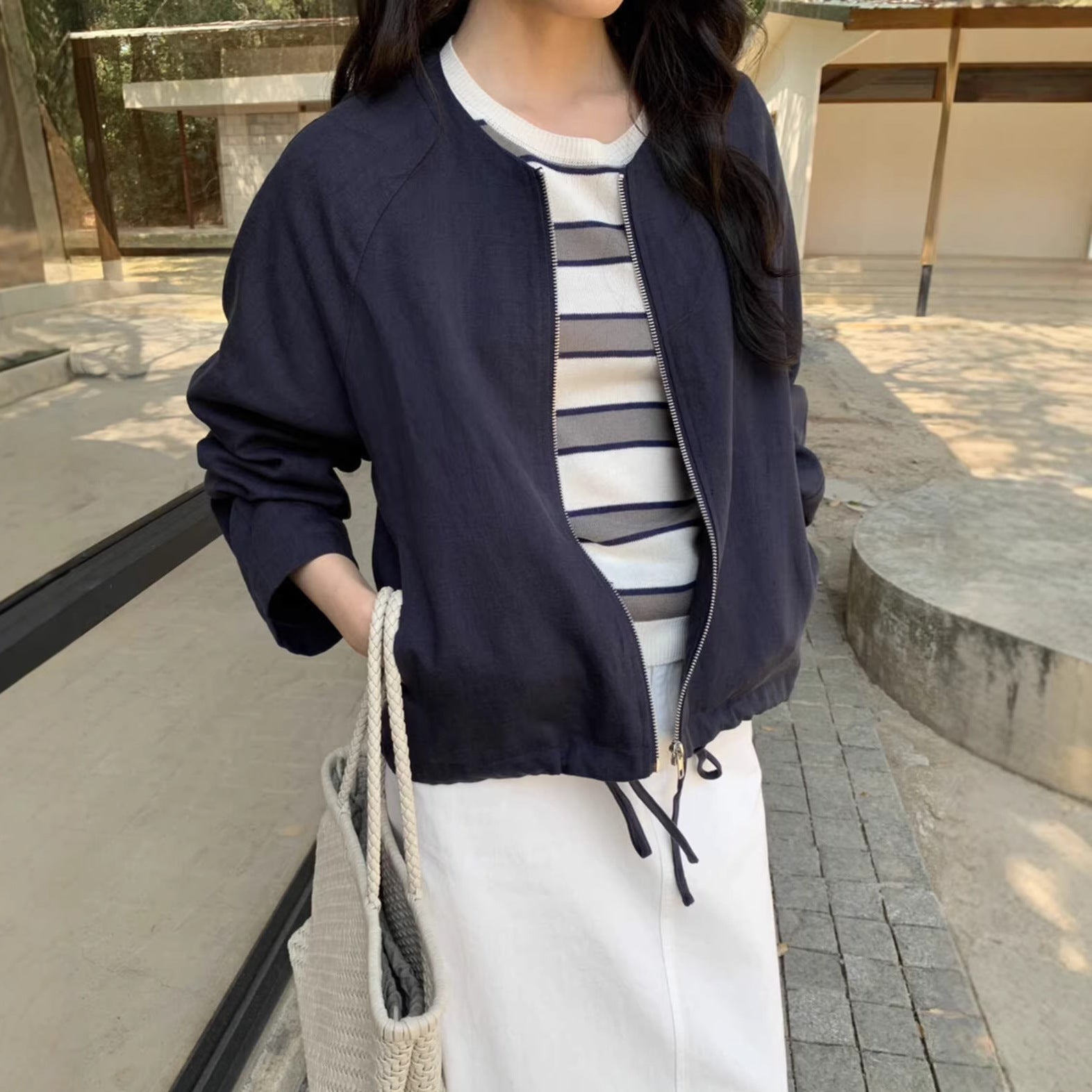 Lyocell Casual All-Match Commuter Round-Neck Zip-Up Short Jacket