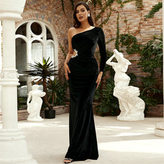 Long Sleeve Diagonal Collar Cutout Banquet Sheath Velvet Evening Dress