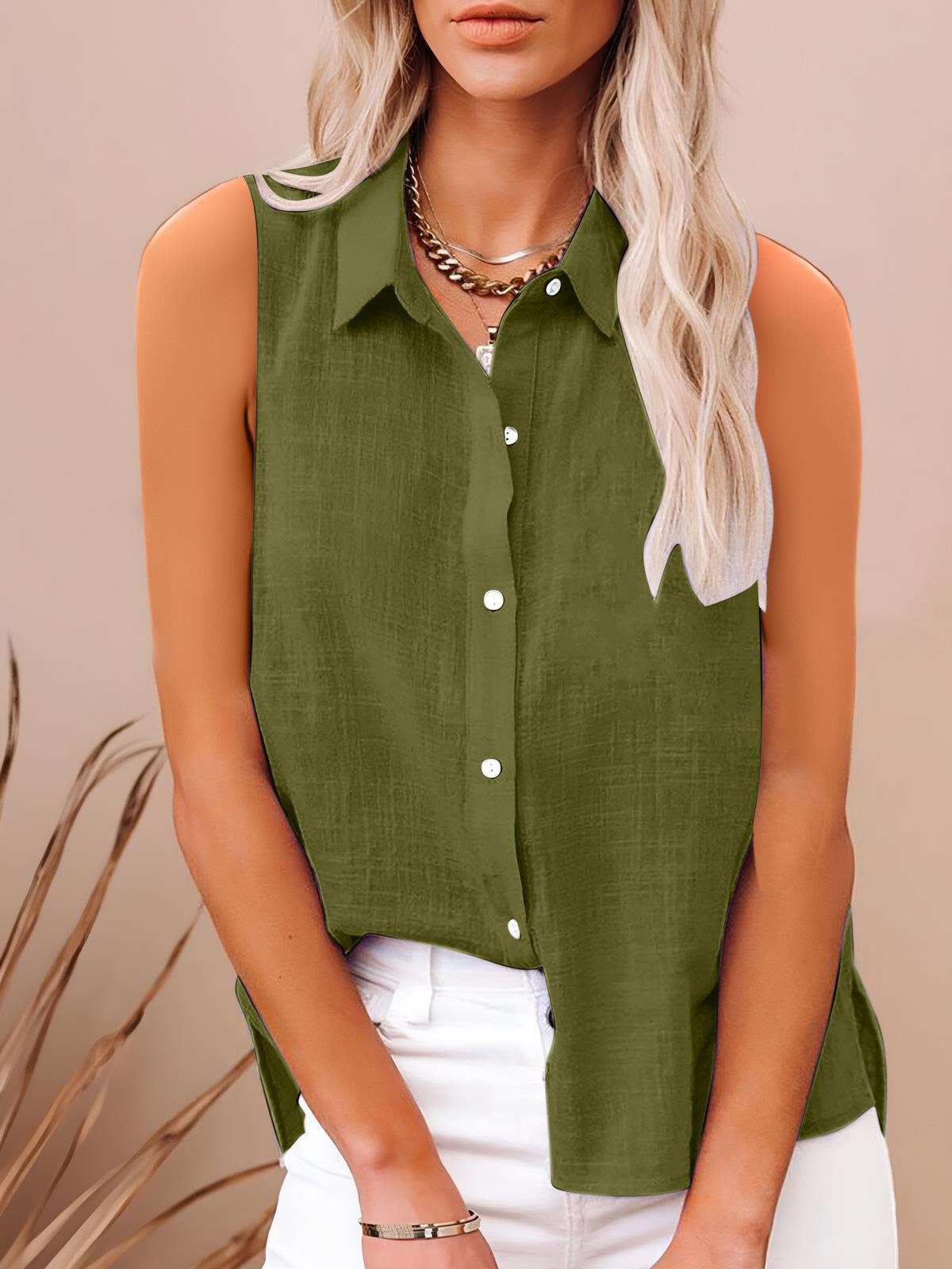 Cotton And Linen Buttoned Sleeveless Shirt Womens Clothing