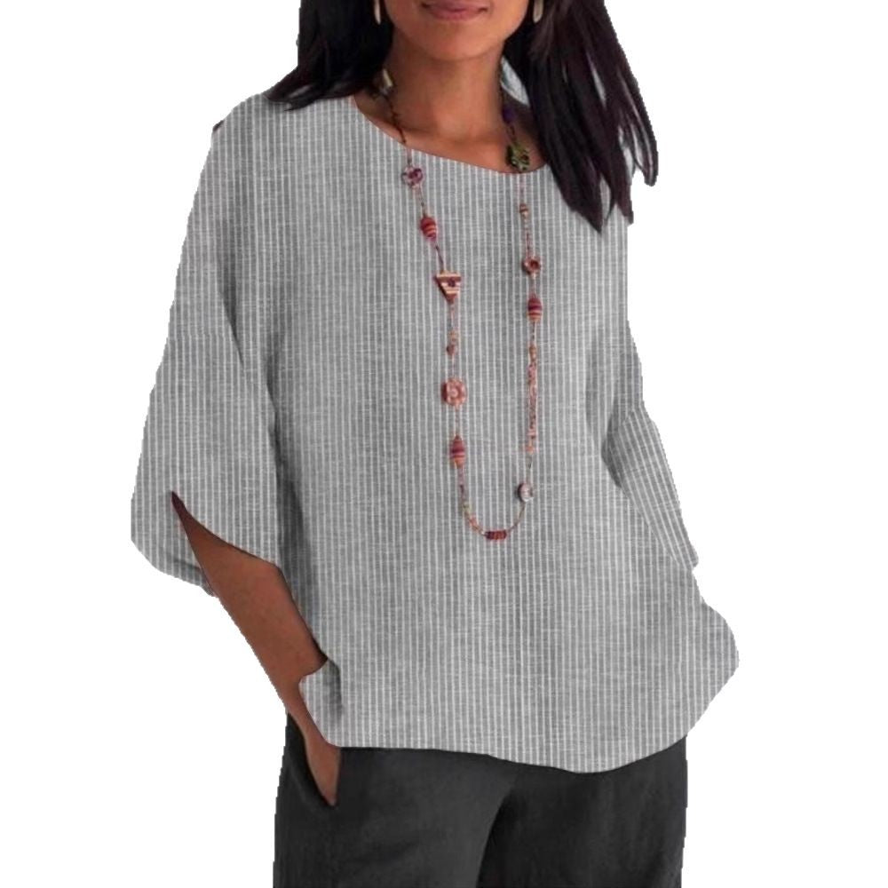 Round-neck Cotton-linen Solid-color Loose Top