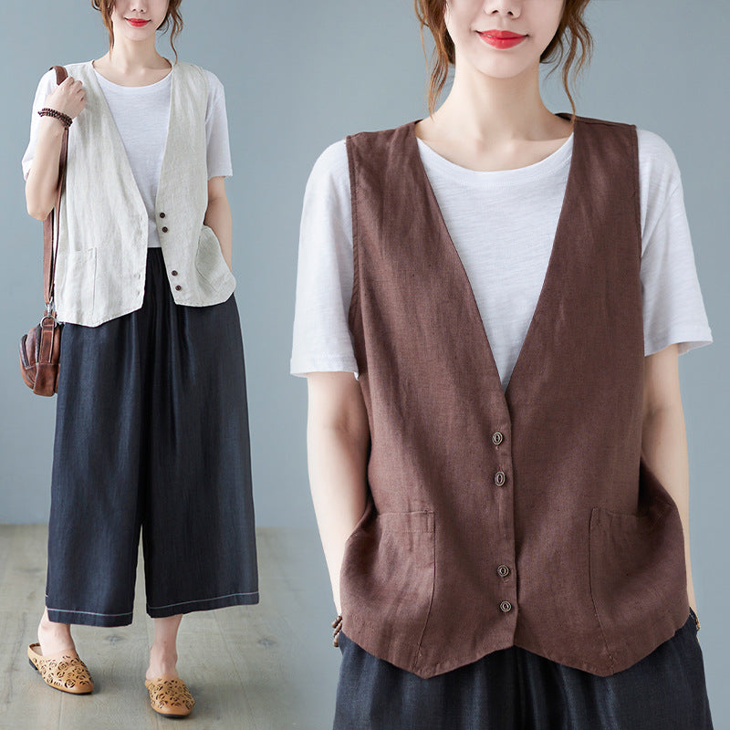 Artistic Relaxed-fit Solid-color Cotton-linen Sleeveless Vest