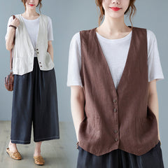 Artistic Relaxed-fit Solid-color Cotton-linen Sleeveless Vest