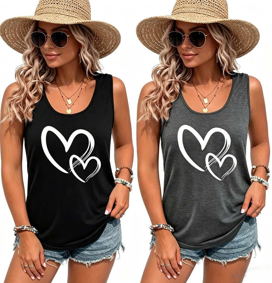Hearts Print Crew Neck Tank Top, Casual Sleeveless Tank Top For Summer, Women's Clothing