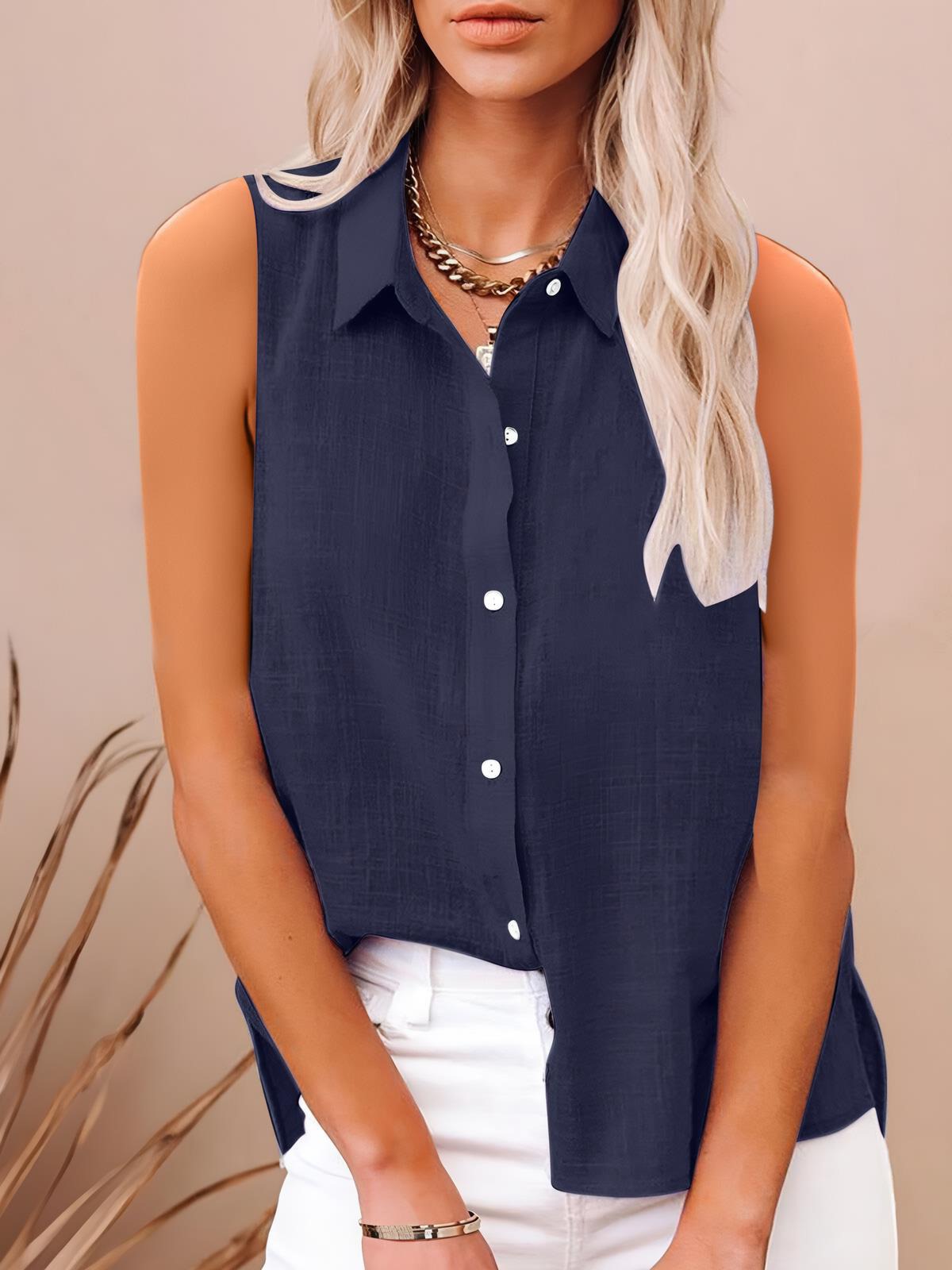 Cotton And Linen Buttoned Sleeveless Shirt Womens Clothing