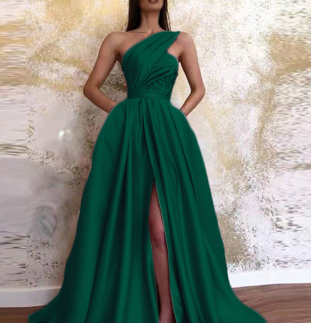 Slit Slanted Shoulder Dress Long Skirt Evening Dress