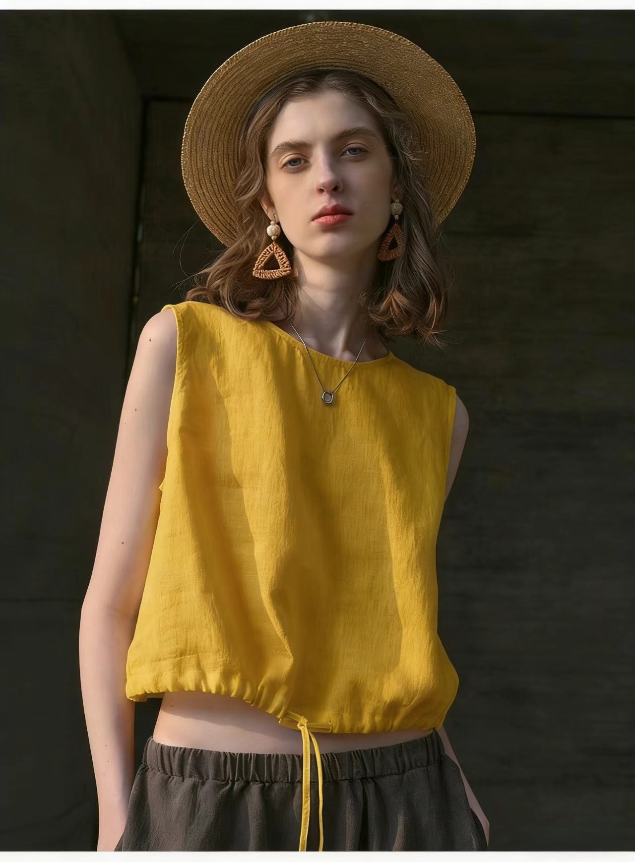 Short Sleeveless Casual Drawstring Womens Top