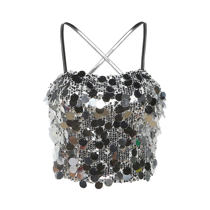 Sequined Halter Lace Up Slim Fit Backless Short Vest