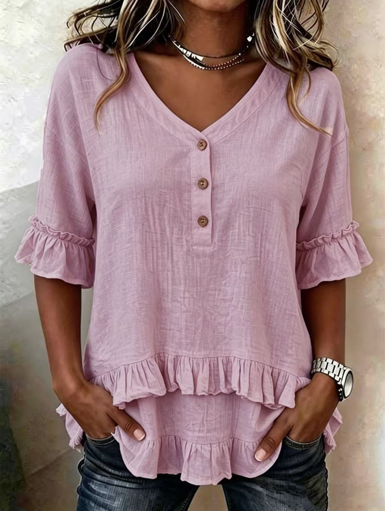 Women's Retro V-neck Ruffled Loose Cotton And Linen Short Sleeves