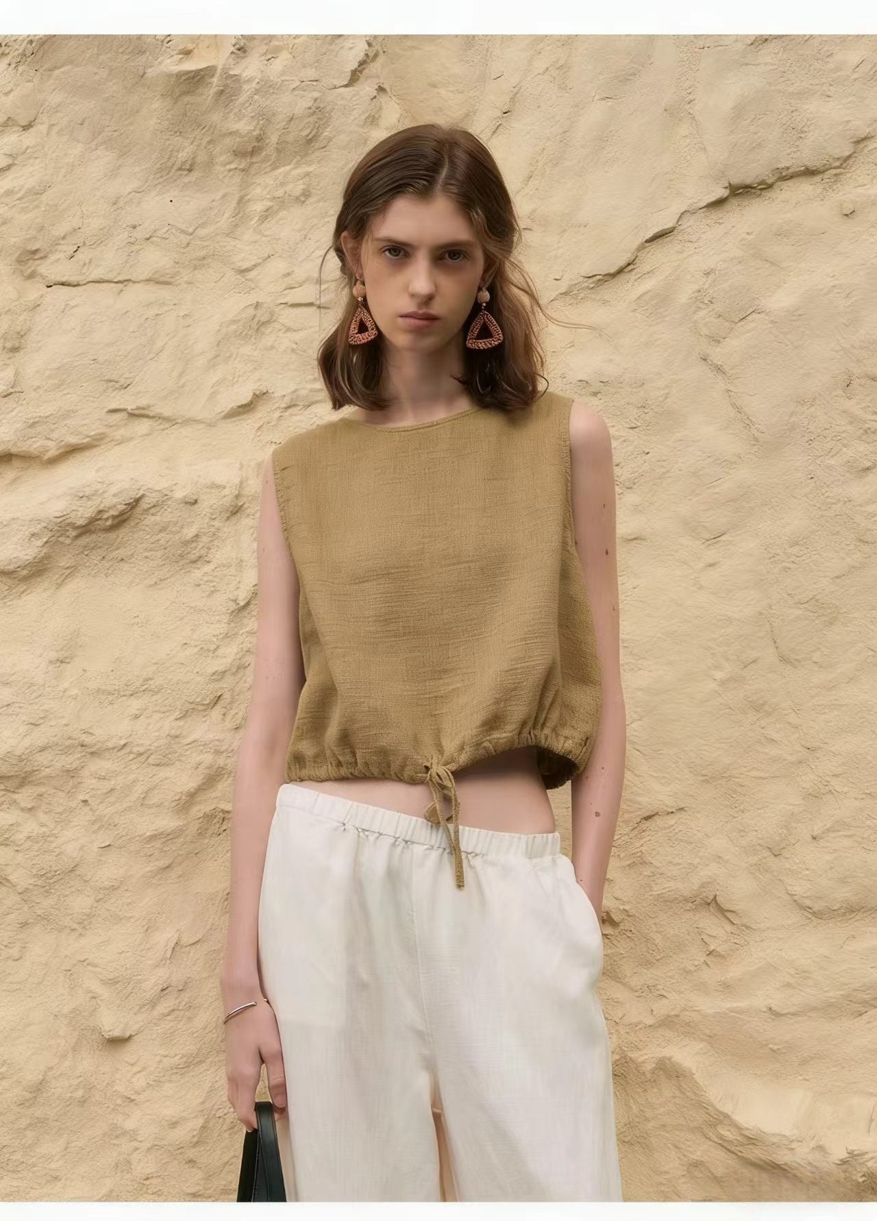 Short Sleeveless Casual Drawstring Womens Top