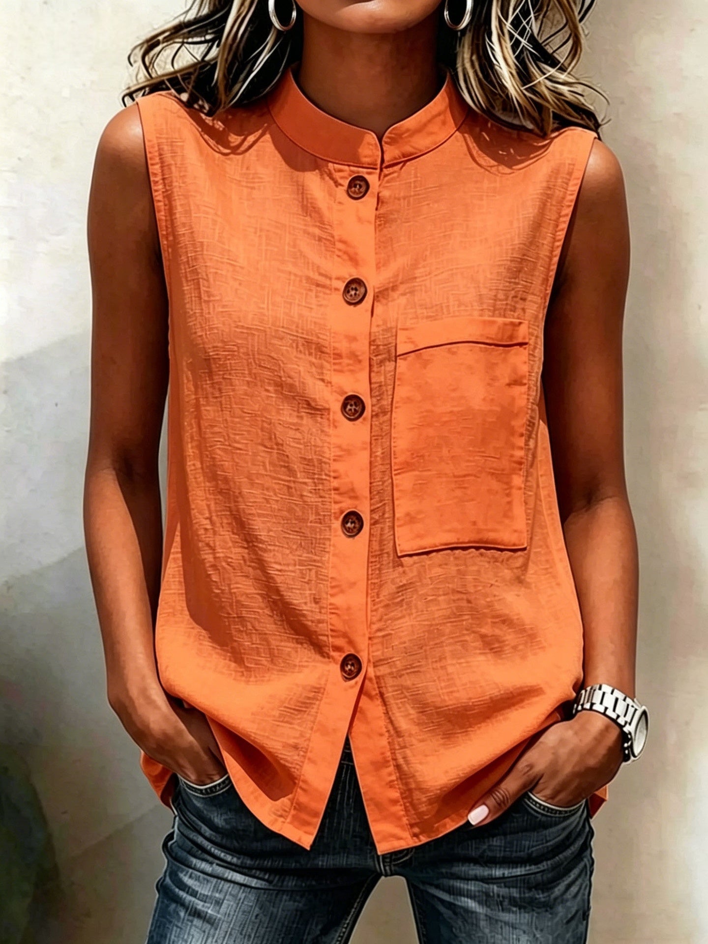Fashionable Casual Solid-color Top With Buttoned Pockets