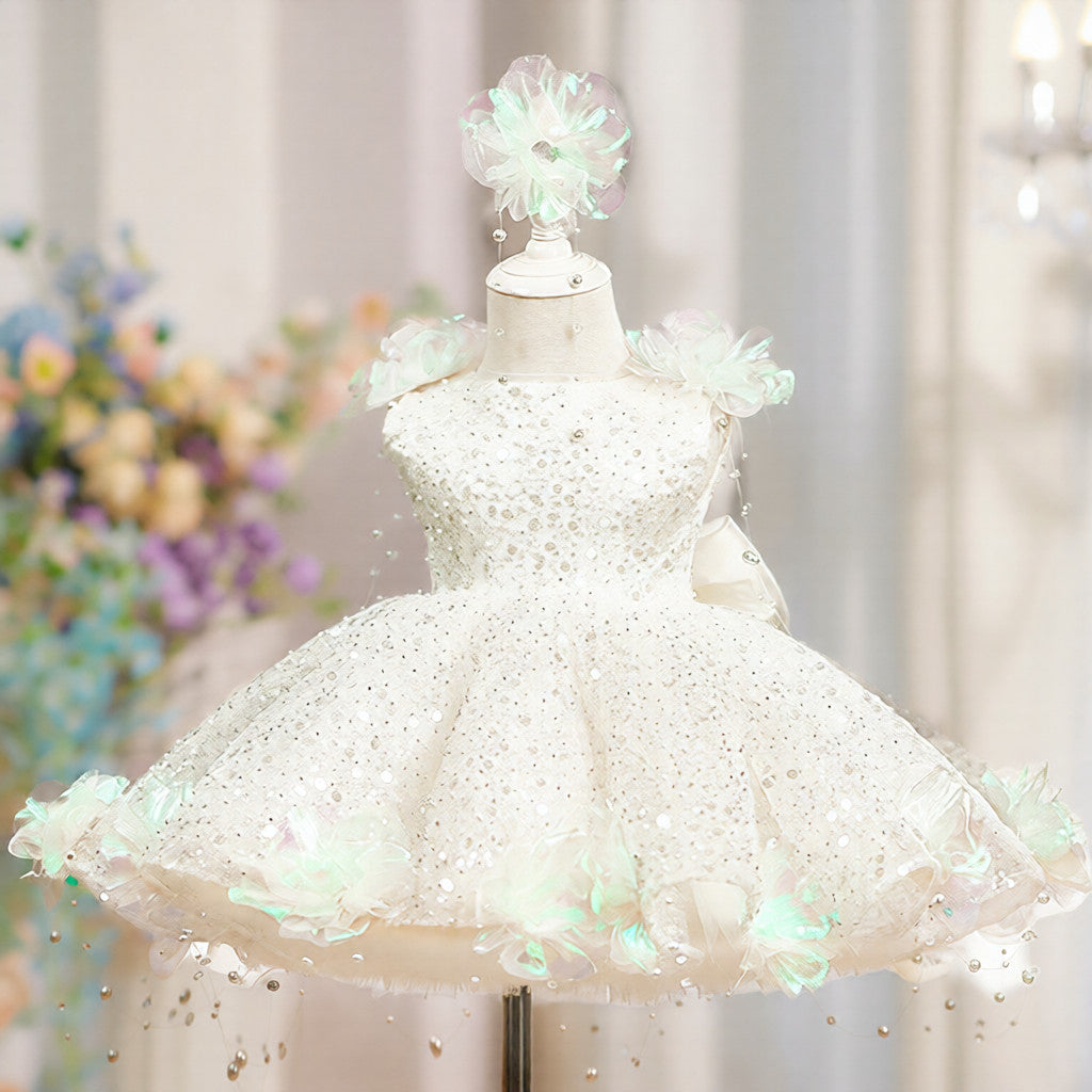 Sequin Pearl Flower Girl Princess Dress Gala Gown