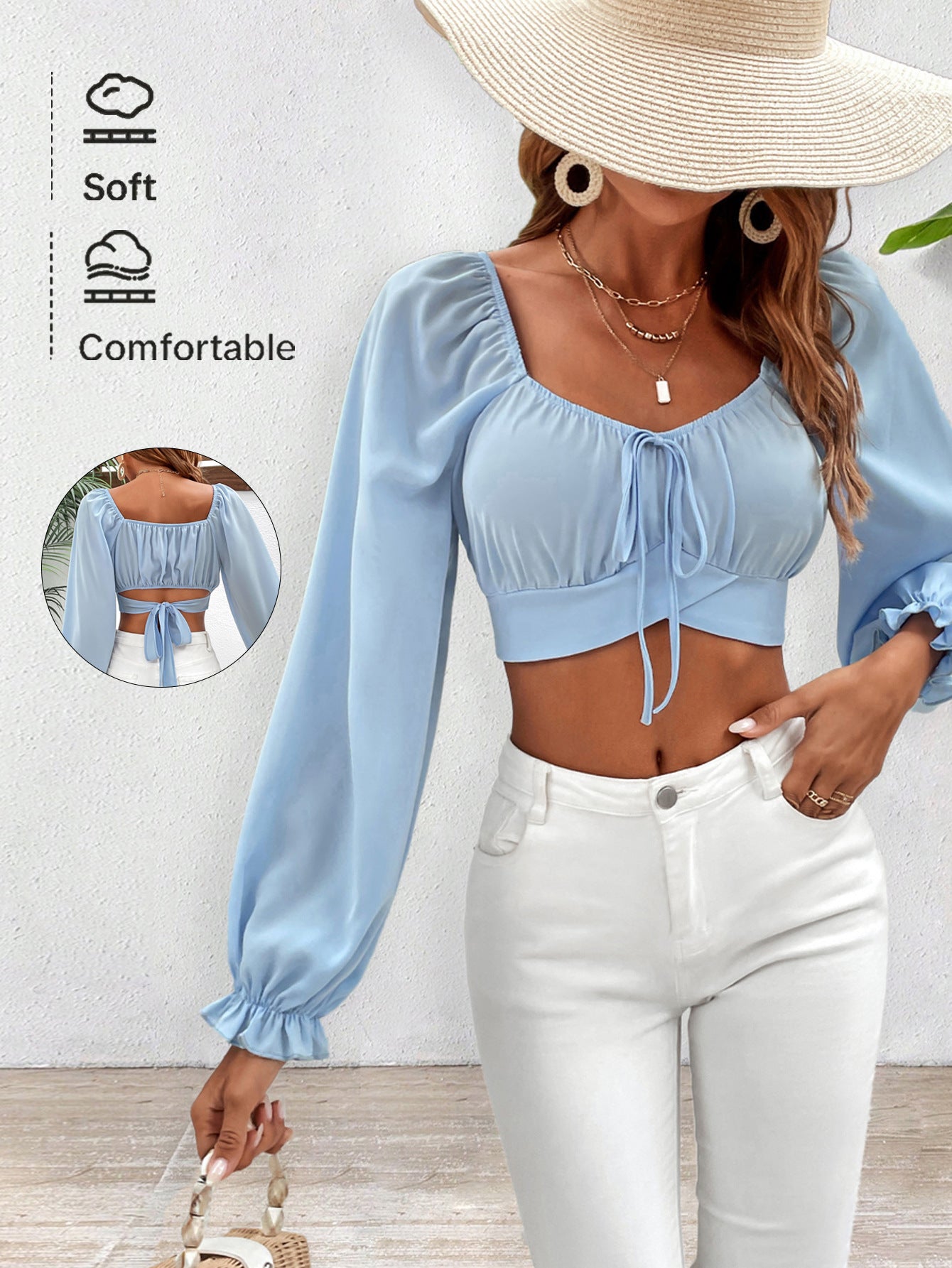 Low-Cut Lace-Up Midriff-Baring Long-Sleeve Shirt