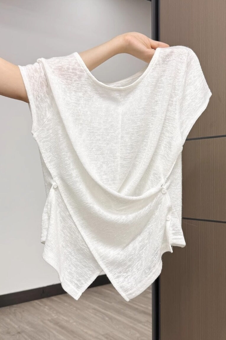 Korean-style Buttoned Crossover Hem Short-sleeve T-shirt