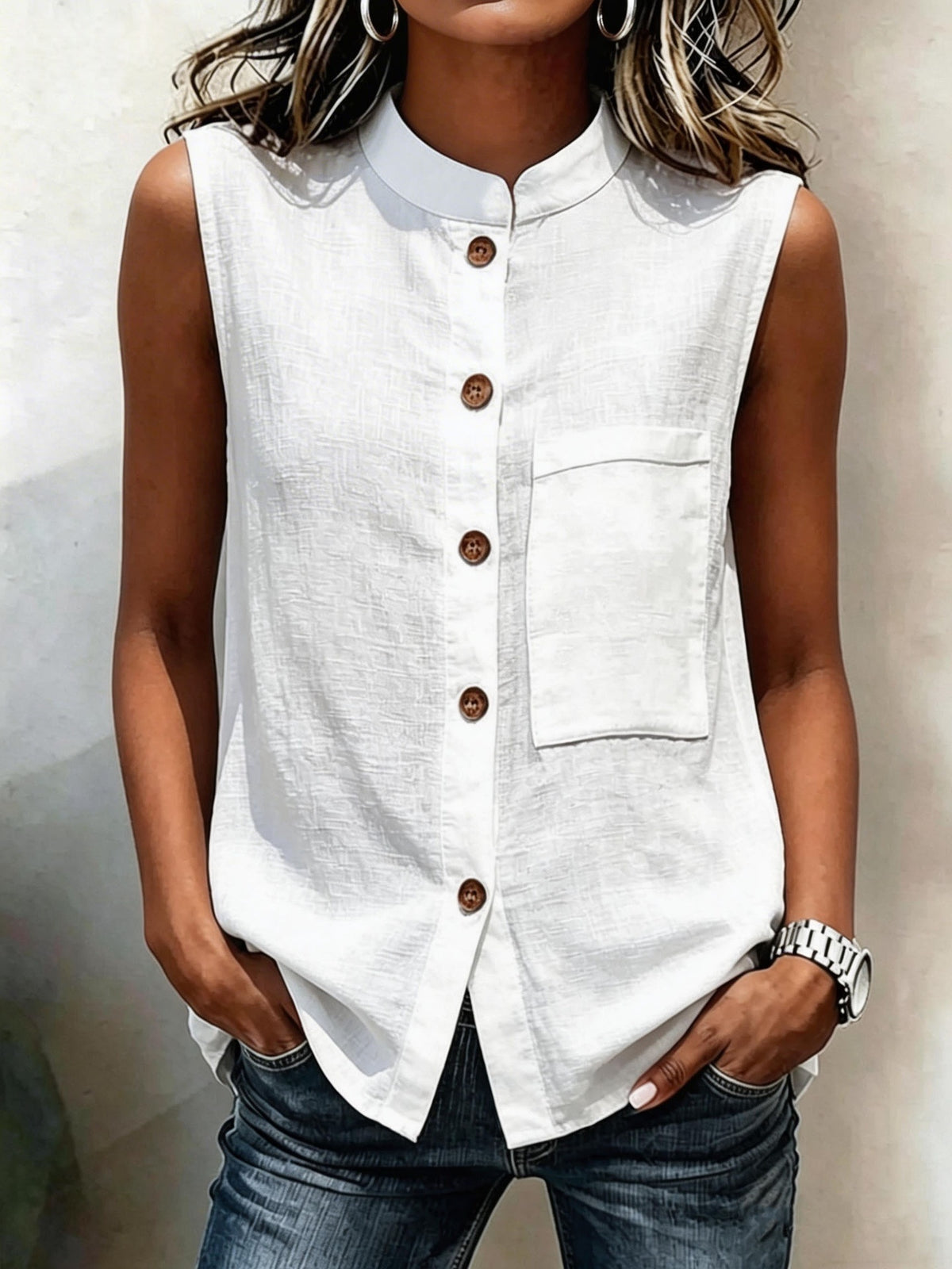 Fashionable Casual Solid-color Top With Buttoned Pockets