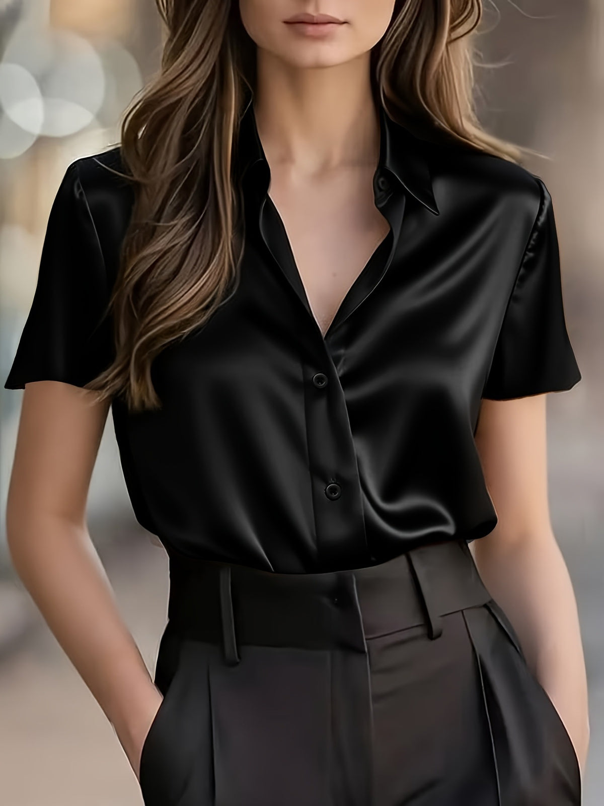 2026 European And American Cross-border New Women's Fashion Amazon Women's Satin Short-sleeved Blouse Commuting Style High-end Drapey Professional Shirt Top