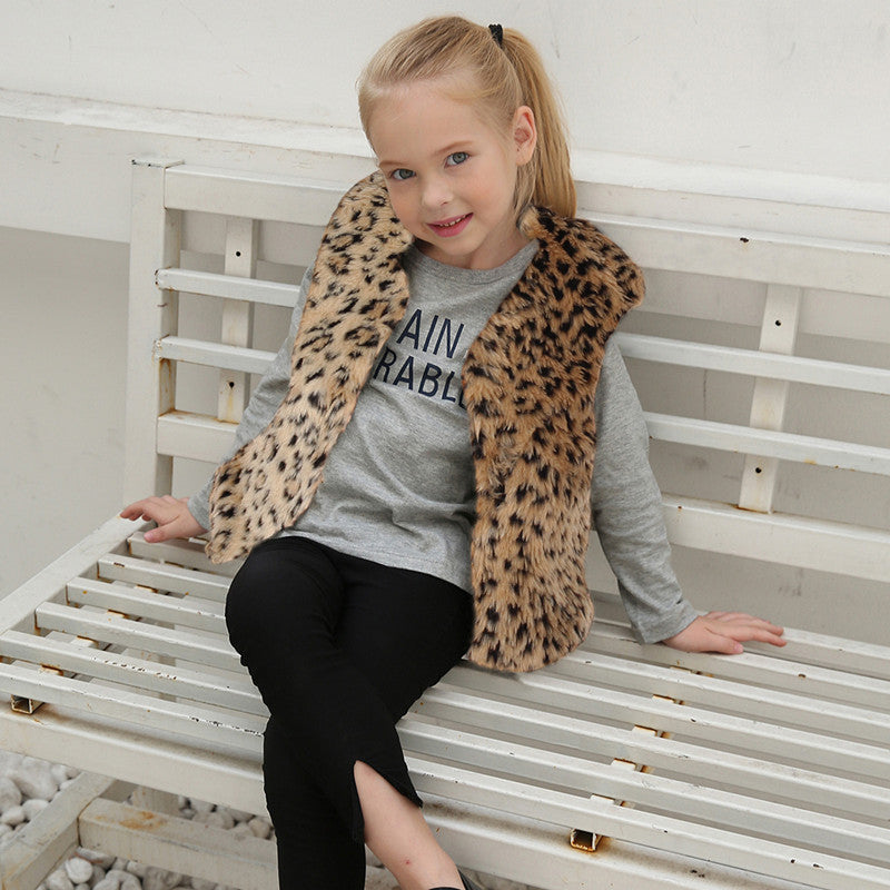 Fashionable Leopard-Print Faux Fur Vest For Kids In Europe And America