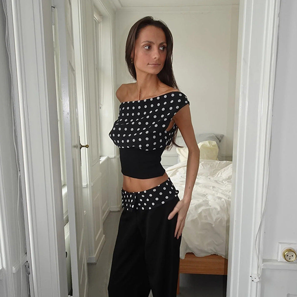 Polka Dots Print Oblique Shoulder Tops Summer Patchwork Chiffon Crop Top Women Sleeveless Lace Up Backless Blouse Casual Streetwear Tee