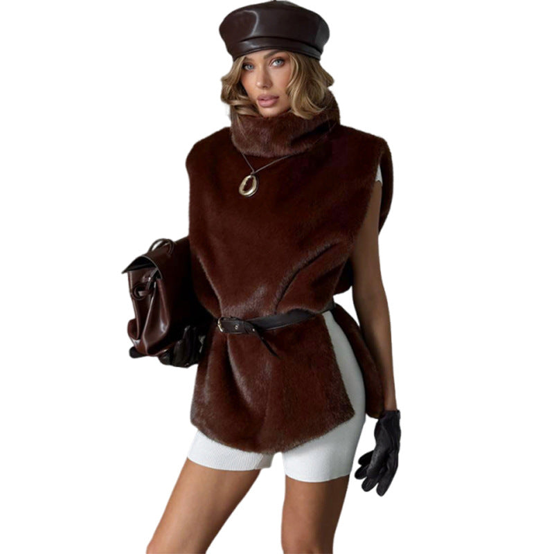 Fashionable Solid-Color Turtleneck Fleece Vest Sleeveless Jacket Womens Top