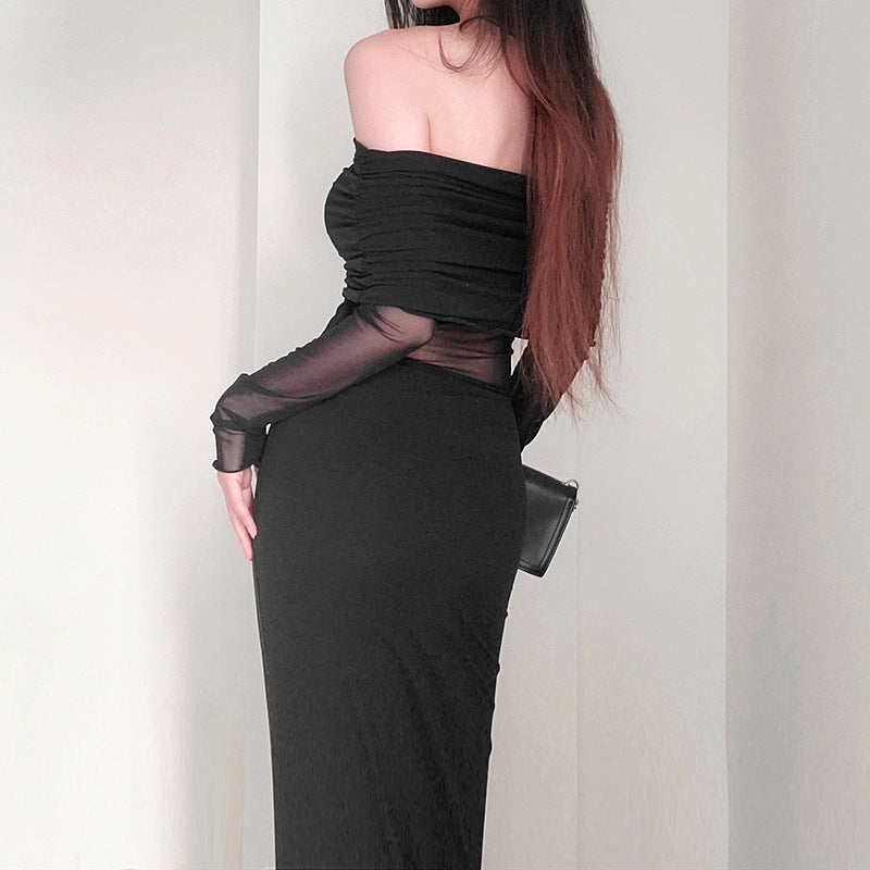 Women's Winter Off-the-shoulder Pleated Long Sleeve Polyester Dress