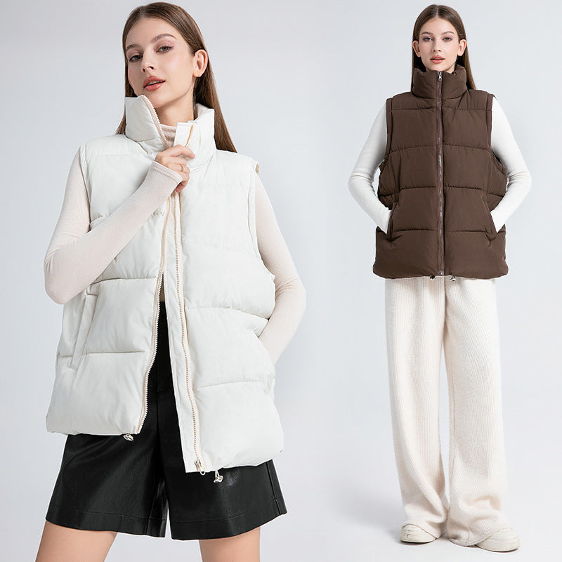 Women's Sleeveless Mid-length Stand-up Collar Thermal Down Cotton Thickened Vest