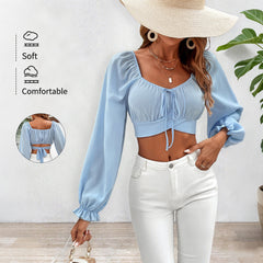 Low-Cut Lace-Up Midriff-Baring Long-Sleeve Shirt