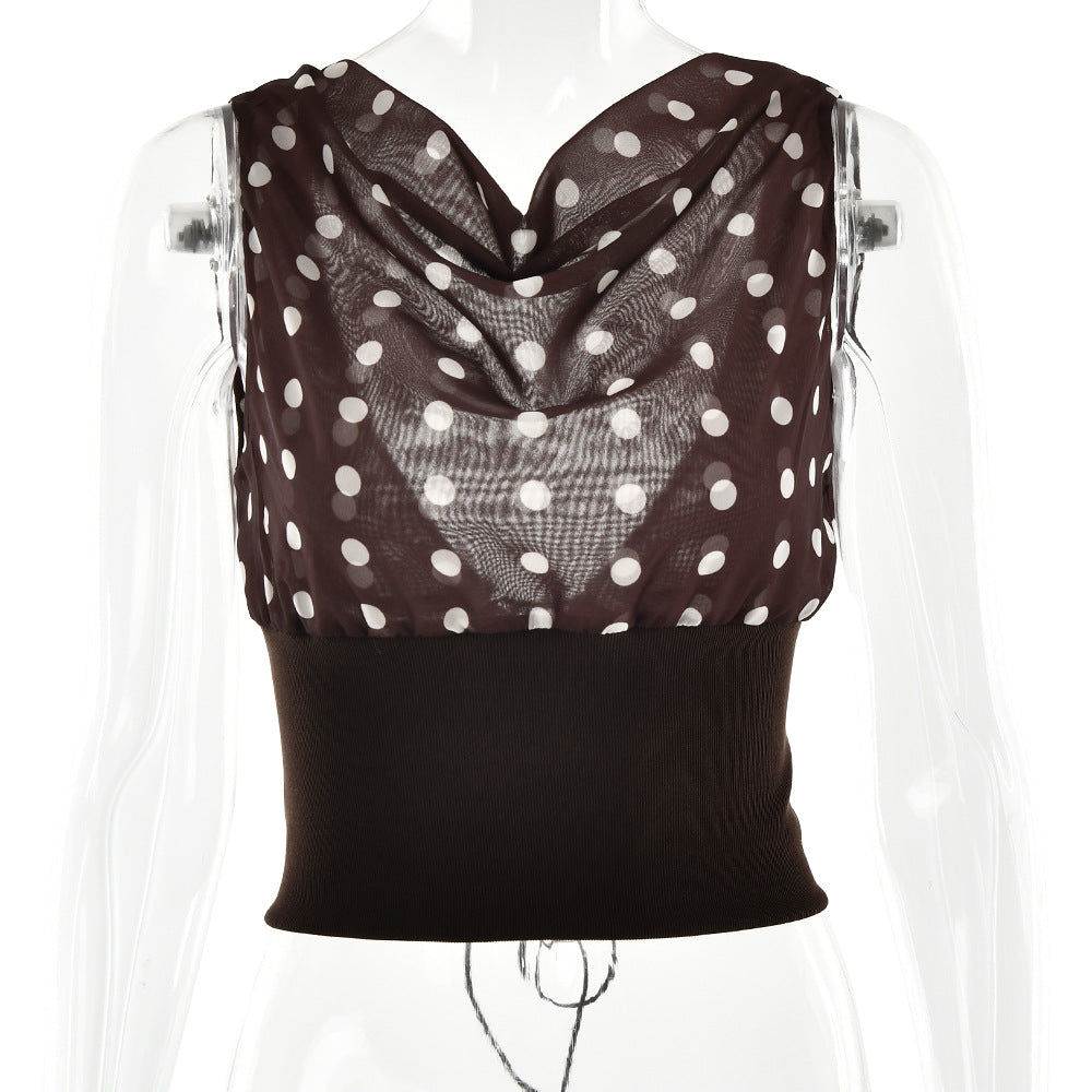 Polka Dots Print Oblique Shoulder Tops Summer Patchwork Chiffon Crop Top Women Sleeveless Lace Up Backless Blouse Casual Streetwear Tee