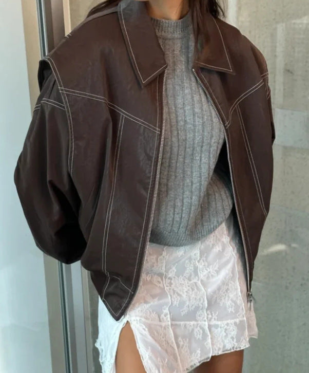 Loose Fashion Lapel Zip-up Jacket Cool Long Sleeve Zipper Closure Moto Biker Leather Jacket Womens Clothing