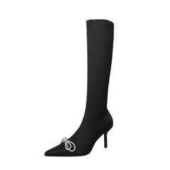 High Heel Rhinestone Sleeve Pointed Long And Short Black Boots