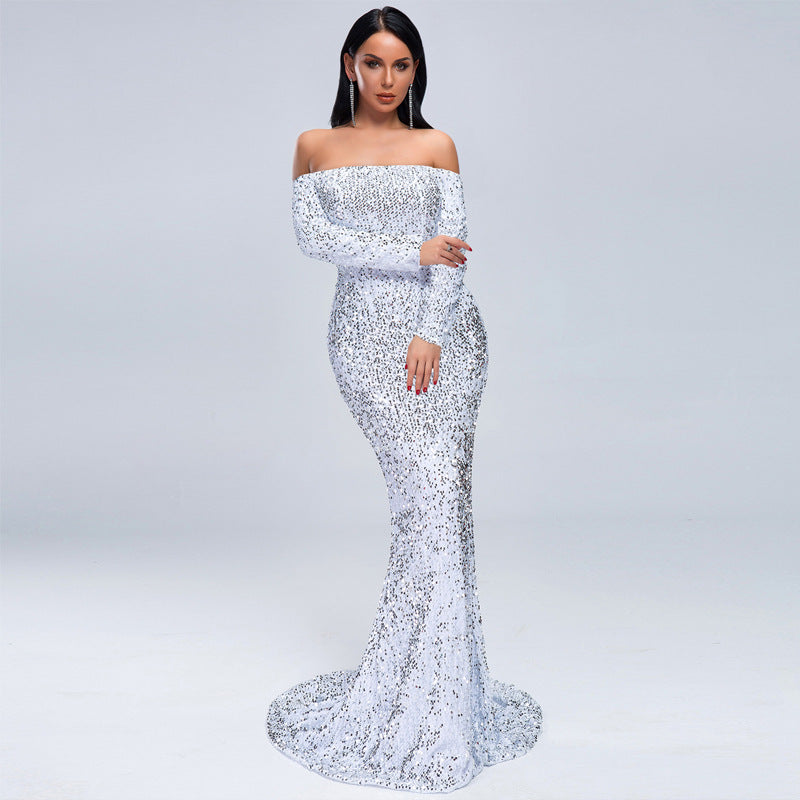 Strapless Long Sleeve Sequins Party Evening Dress