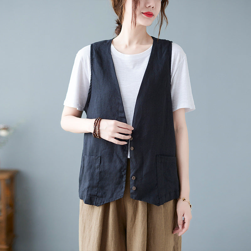 Artistic Relaxed-fit Solid-color Cotton-linen Sleeveless Vest