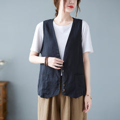 Artistic Relaxed-fit Solid-color Cotton-linen Sleeveless Vest