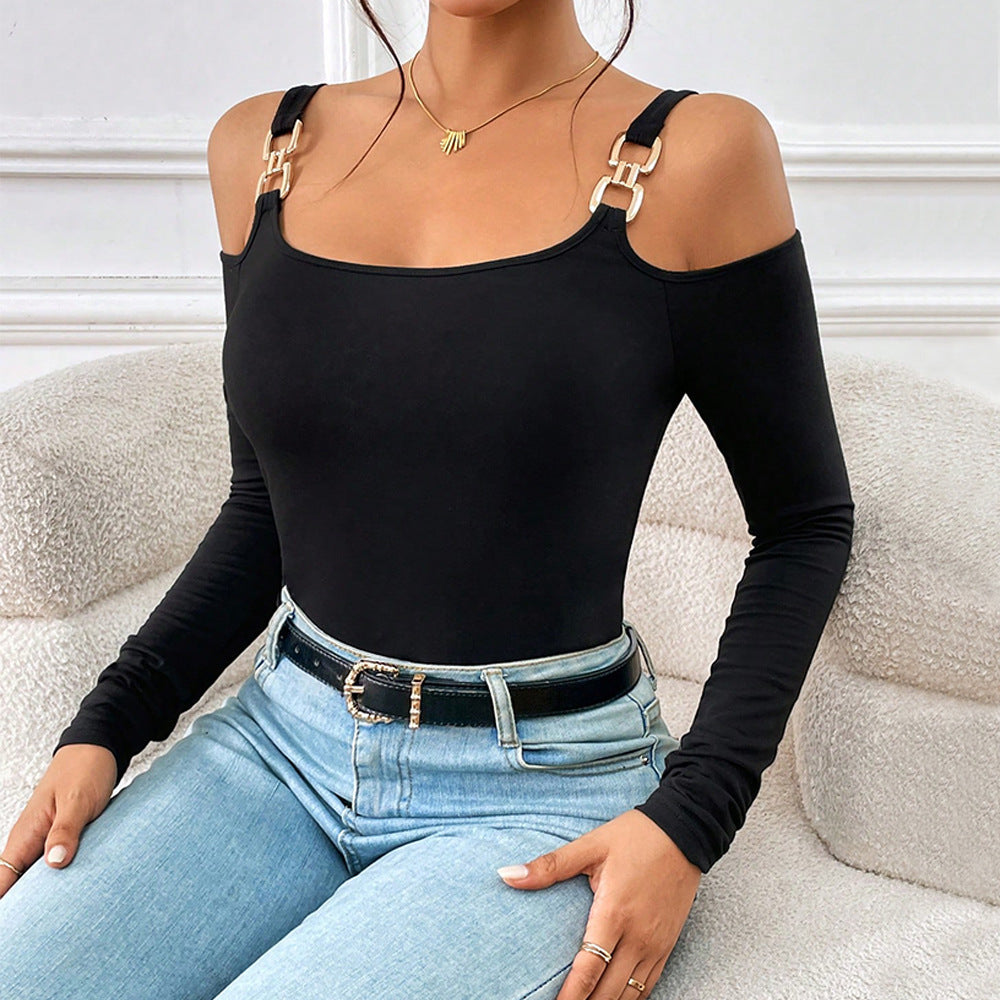 Women's Spring And Summer Fashion Simple Suspender Off-Shoulder Metal Hook Long-Sleeved Top