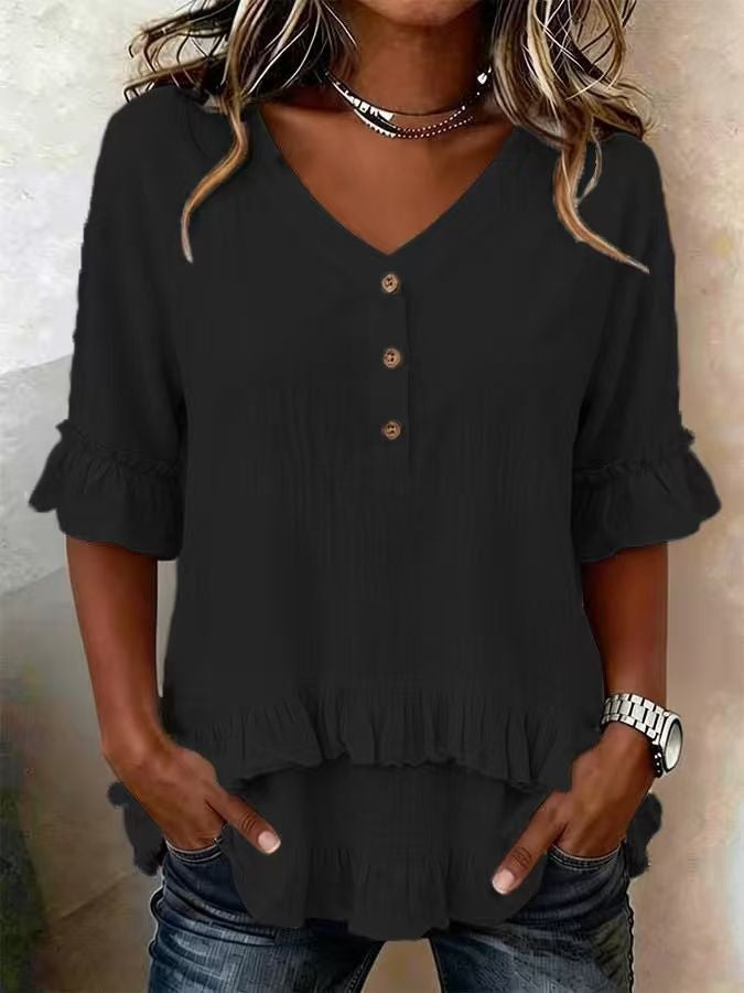 Women's Retro V-neck Ruffled Loose Cotton And Linen Short Sleeves