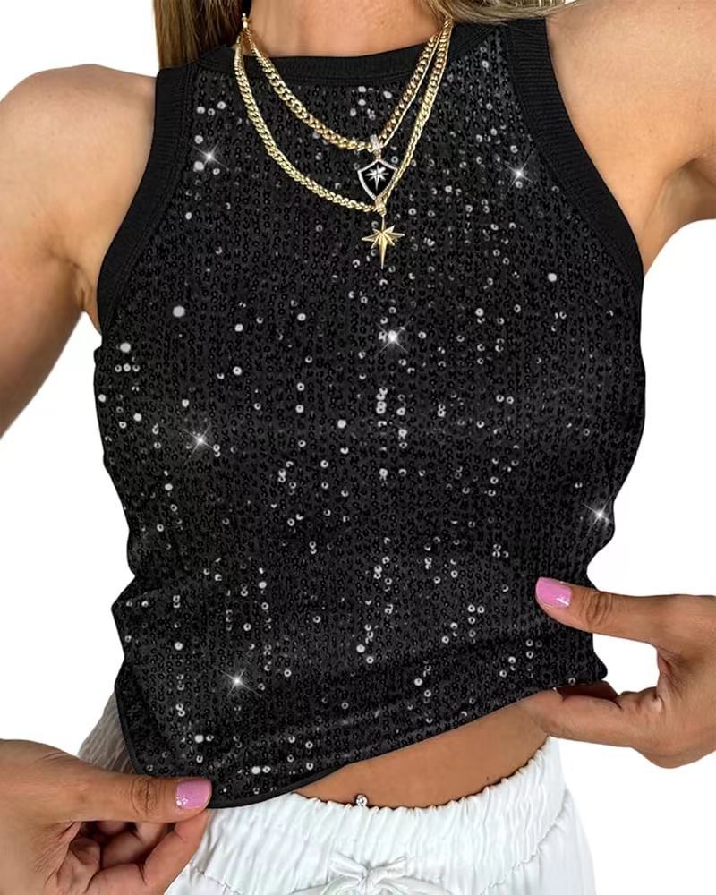 Cropped Sleeveless Sequin Leopard Print Vest