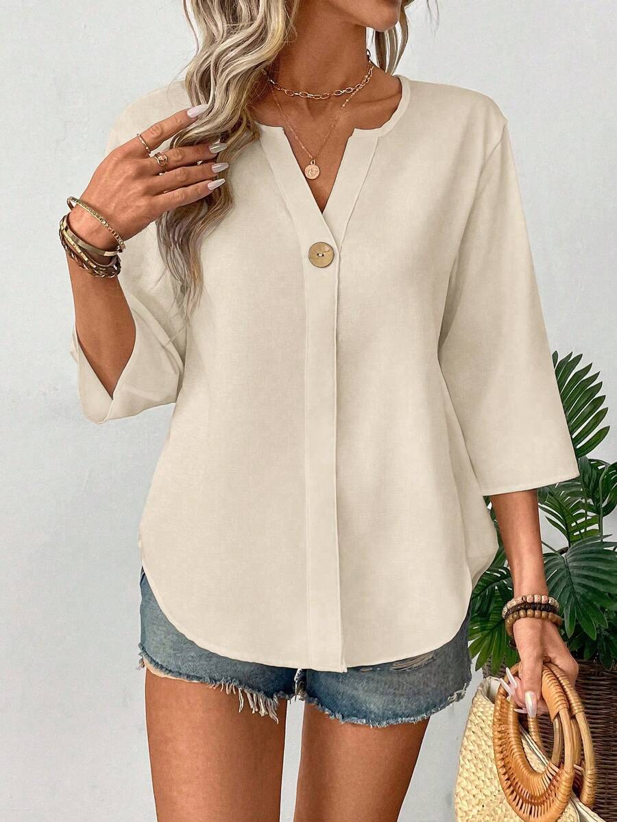 Loose-fitting Solid-color Casual Shirt With A Small V-neck And Buttons