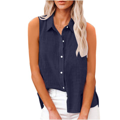 Cotton And Linen Buttoned Sleeveless Shirt Womens Clothing