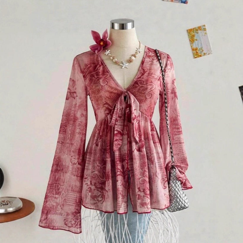 Women's Ruffled Vintage Print Long-sleeve Top