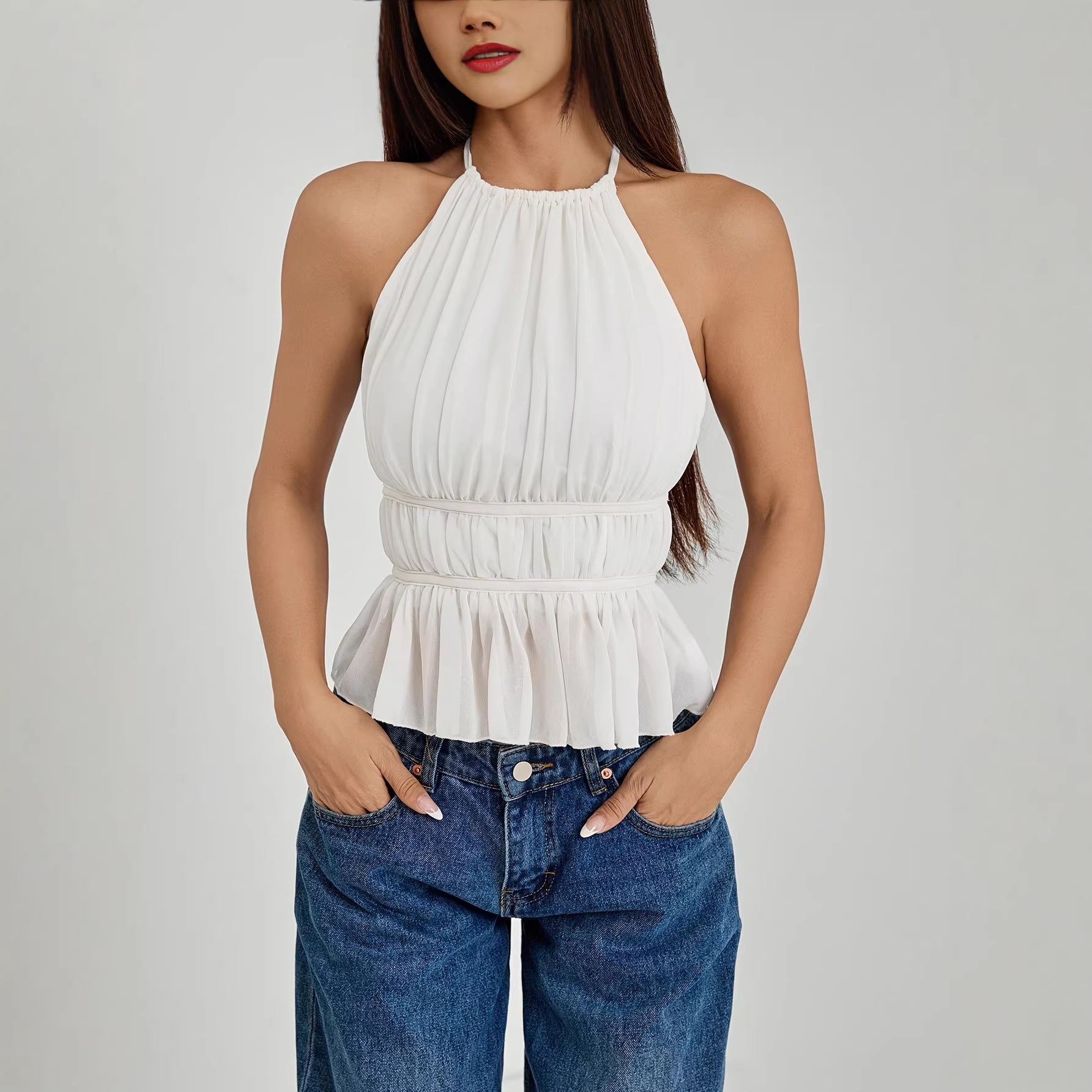 Versatile Off-Shoulder Pleated Waist-Cinching Camisole
