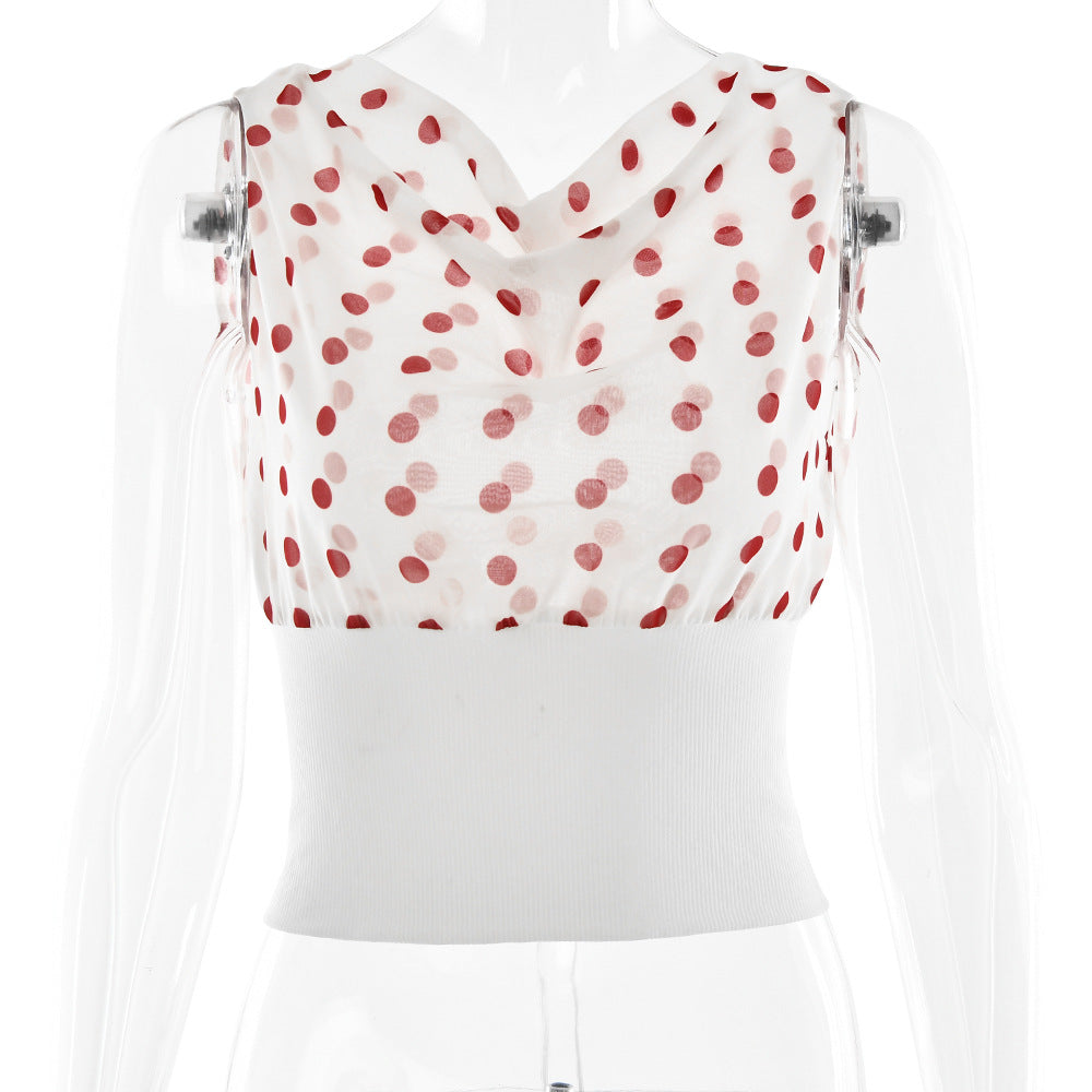 Polka Dots Print Oblique Shoulder Tops Summer Patchwork Chiffon Crop Top Women Sleeveless Lace Up Backless Blouse Casual Streetwear Tee